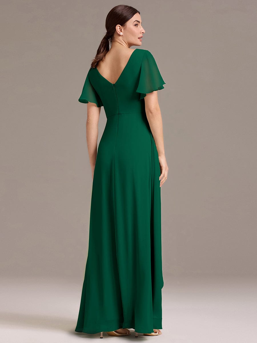 DAMIA|Chiffon Double V-Neck A-Line Ruffled Sleeves Bridesmaid Dress with Asymmetrical Hem