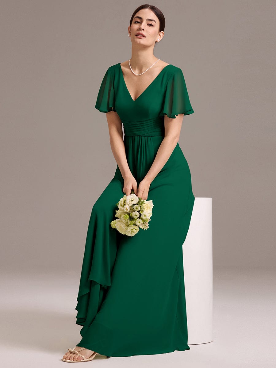 DAMIA|Chiffon Double V-Neck A-Line Ruffled Sleeves Bridesmaid Dress with Asymmetrical Hem