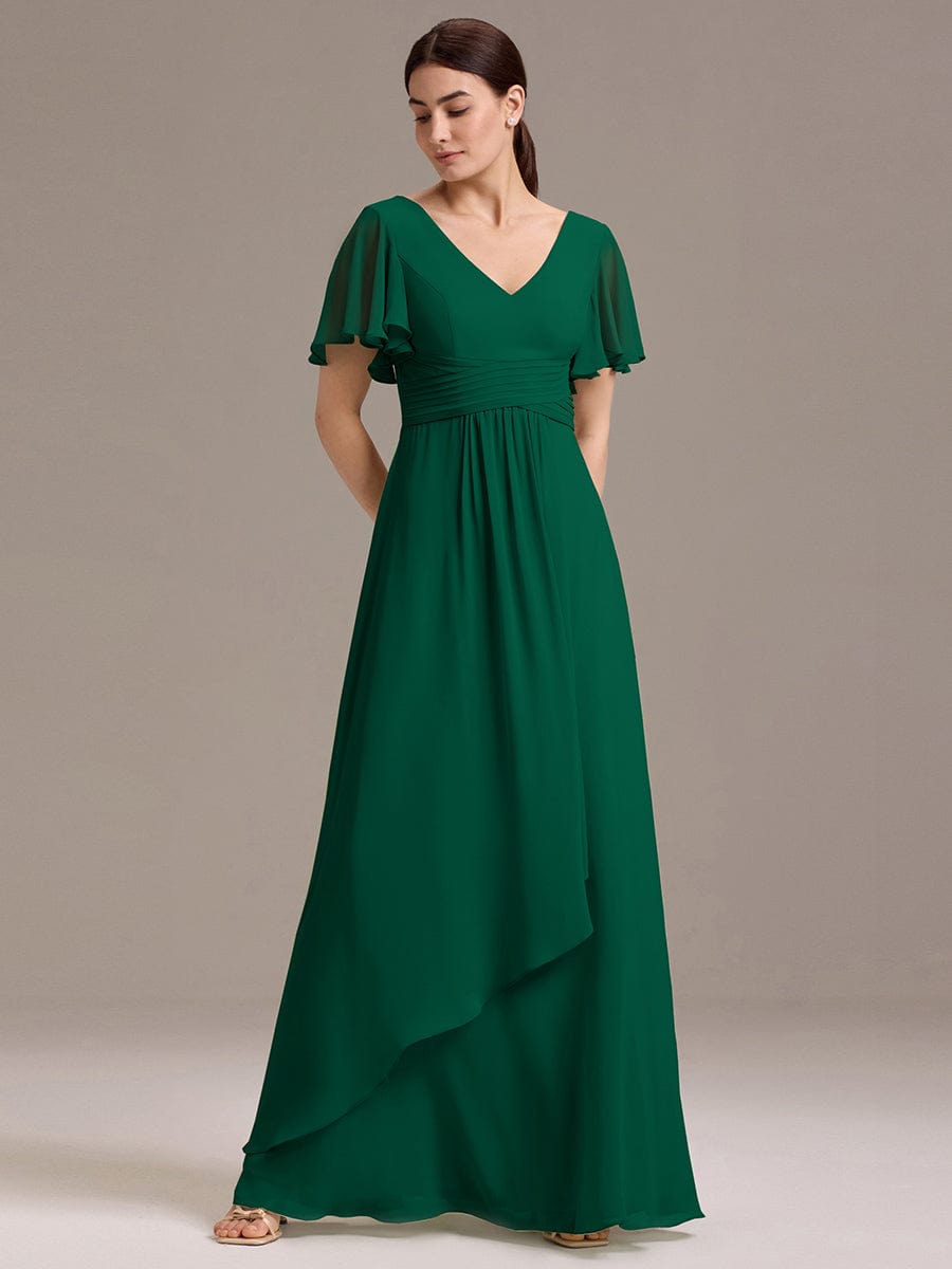 DAMIA|Chiffon Double V-Neck A-Line Ruffled Sleeves Bridesmaid Dress with Asymmetrical Hem