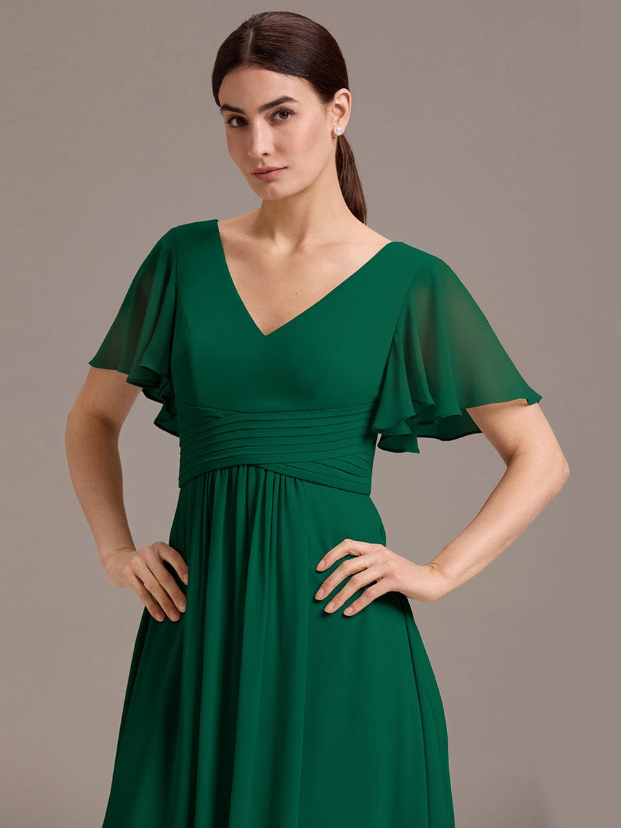 DAMIA|Chiffon Double V-Neck A-Line Ruffled Sleeves Bridesmaid Dress with Asymmetrical Hem