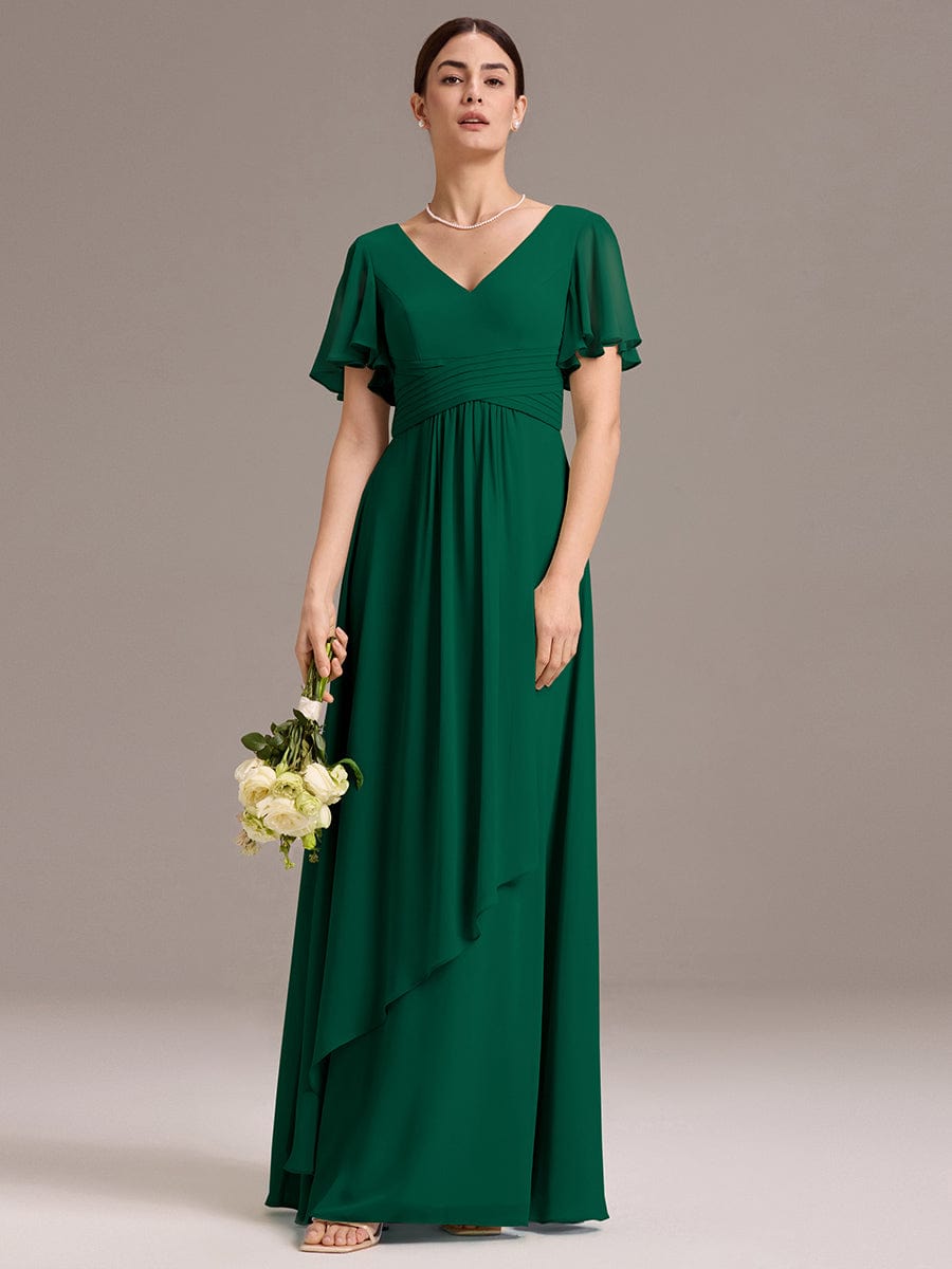DAMIA|Chiffon Double V-Neck A-Line Ruffled Sleeves Bridesmaid Dress with Asymmetrical Hem