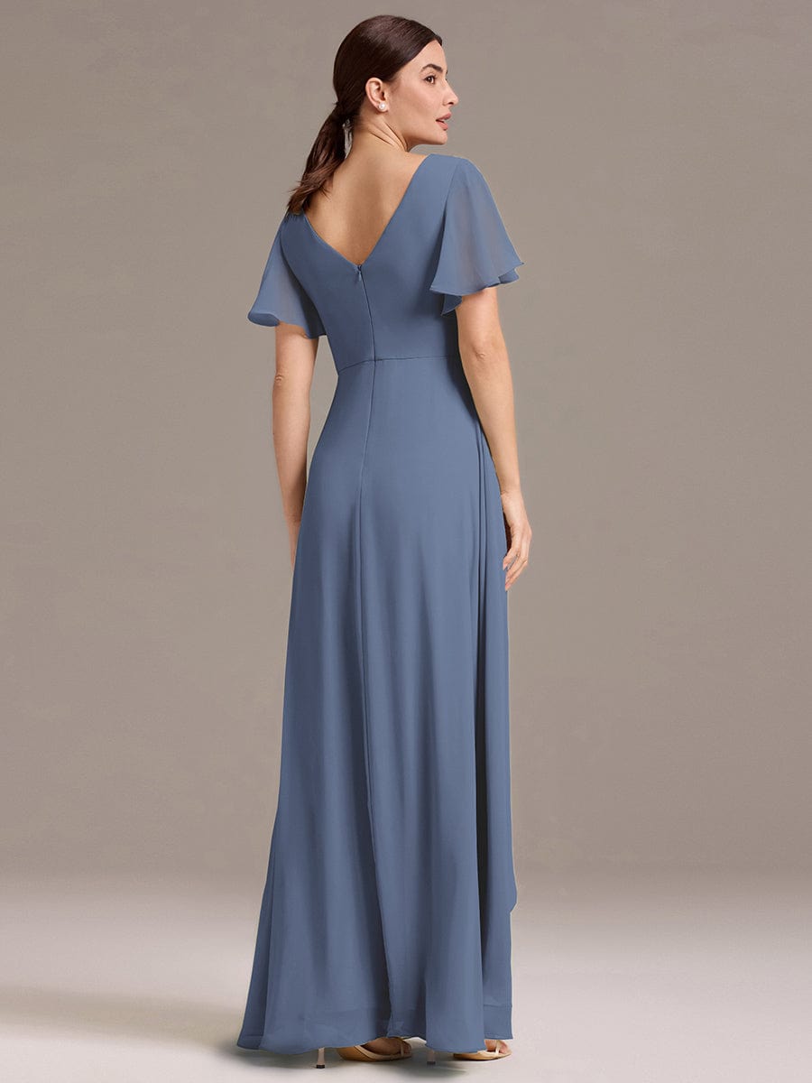 DAMIA|Chiffon Double V-Neck A-Line Ruffled Sleeves Bridesmaid Dress with Asymmetrical Hem