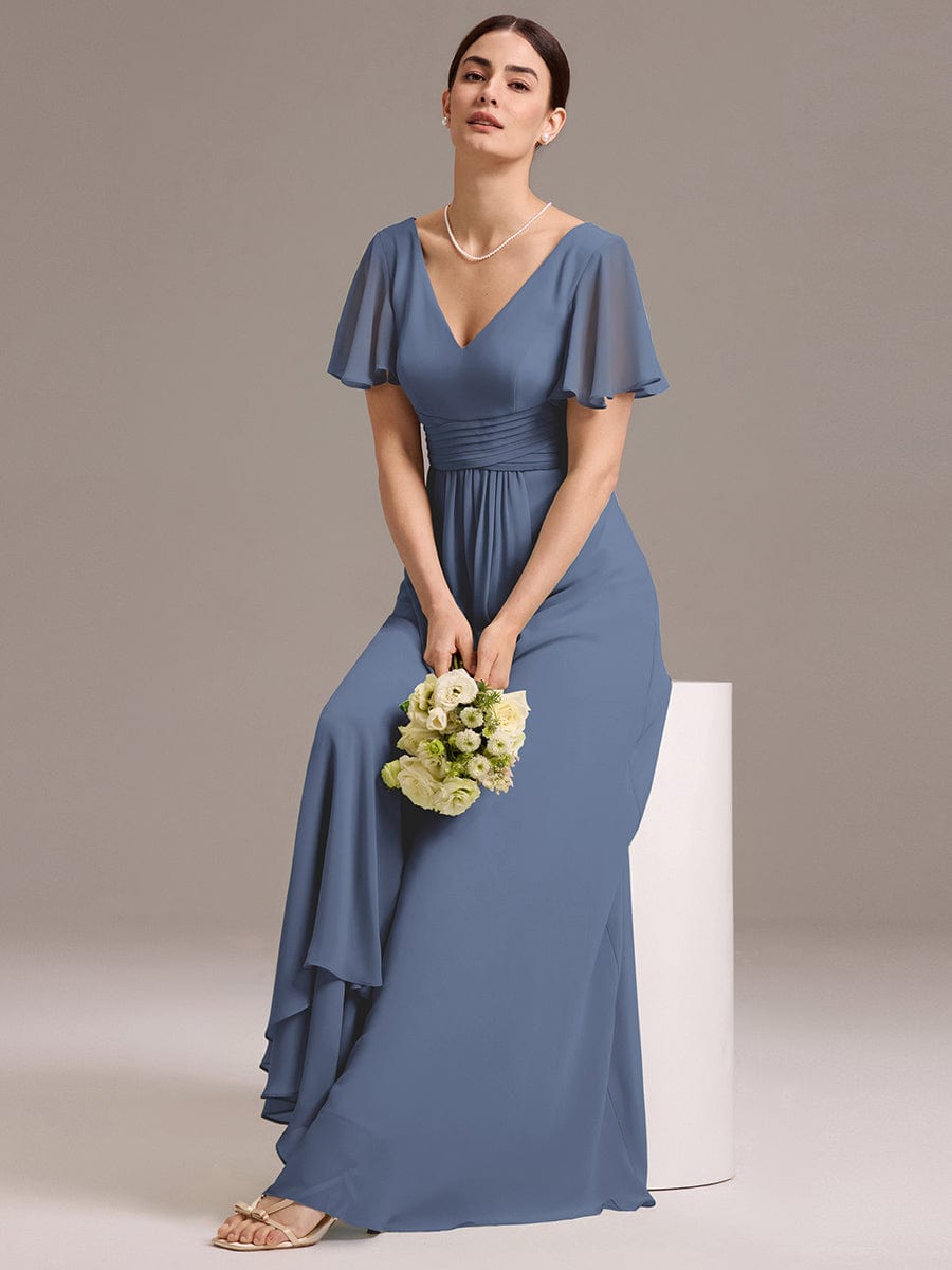 DAMIA|Chiffon Double V-Neck A-Line Ruffled Sleeves Bridesmaid Dress with Asymmetrical Hem