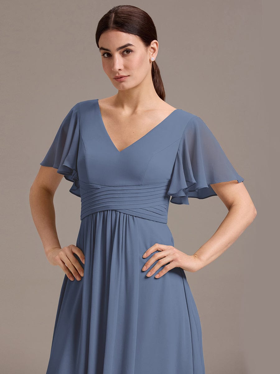 DAMIA|Chiffon Double V-Neck A-Line Ruffled Sleeves Bridesmaid Dress with Asymmetrical Hem