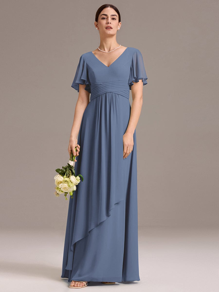 DAMIA|Chiffon Double V-Neck A-Line Ruffled Sleeves Bridesmaid Dress with Asymmetrical Hem