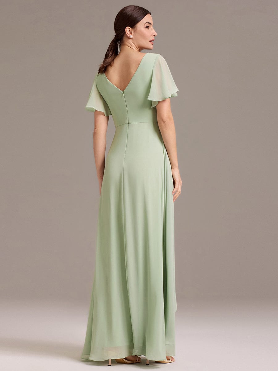 DAMIA|Chiffon Double V-Neck A-Line Ruffled Sleeves Bridesmaid Dress with Asymmetrical Hem