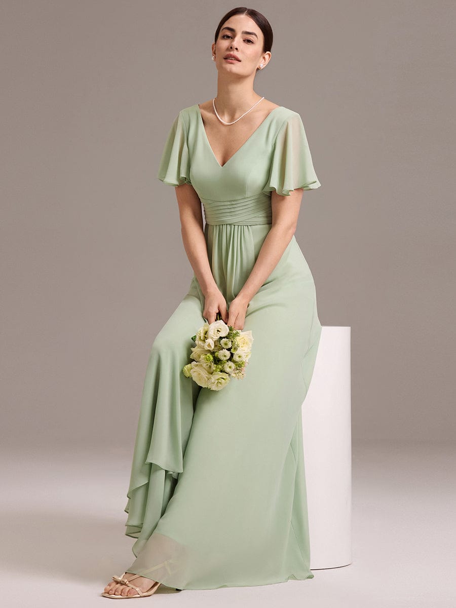DAMIA|Chiffon Double V-Neck A-Line Ruffled Sleeves Bridesmaid Dress with Asymmetrical Hem