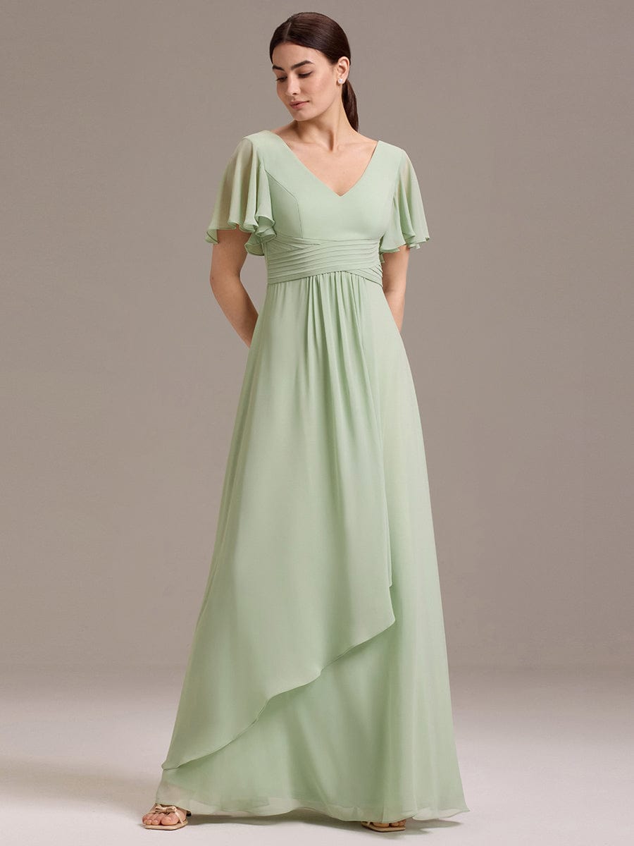 DAMIA|Chiffon Double V-Neck A-Line Ruffled Sleeves Bridesmaid Dress with Asymmetrical Hem