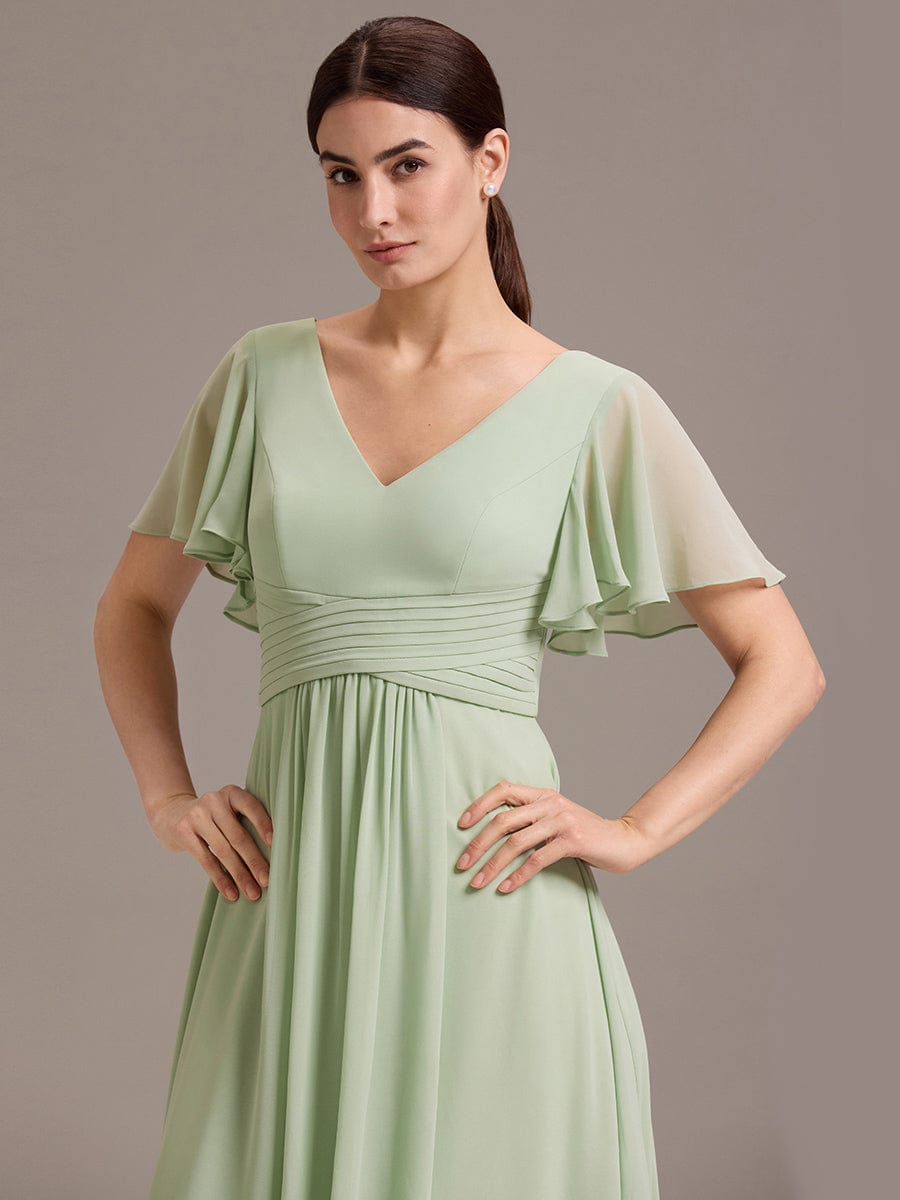 DAMIA|Chiffon Double V-Neck A-Line Ruffled Sleeves Bridesmaid Dress with Asymmetrical Hem