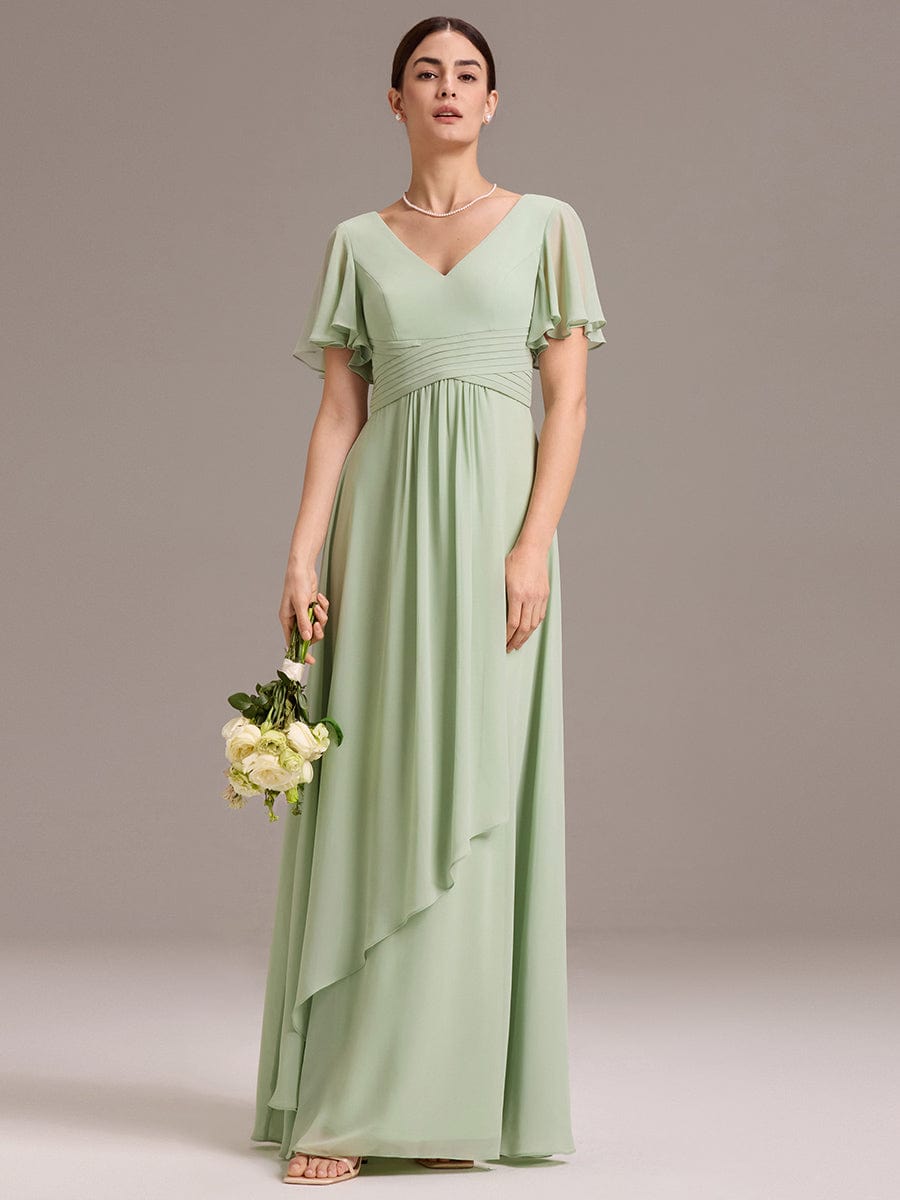 DAMIA|Chiffon Double V-Neck A-Line Ruffled Sleeves Bridesmaid Dress with Asymmetrical Hem
