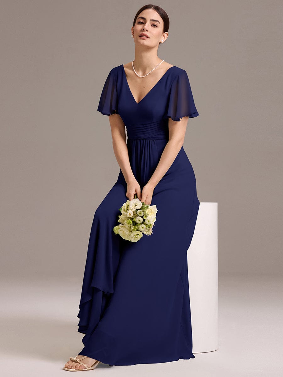 DAMIA|Chiffon Double V-Neck A-Line Ruffled Sleeves Bridesmaid Dress with Asymmetrical Hem
