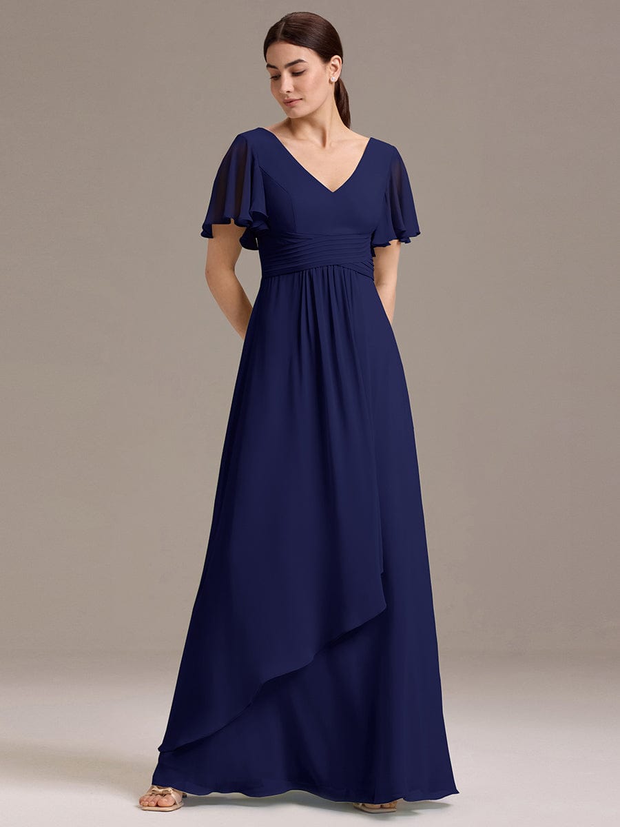 DAMIA|Chiffon Double V-Neck A-Line Ruffled Sleeves Bridesmaid Dress with Asymmetrical Hem