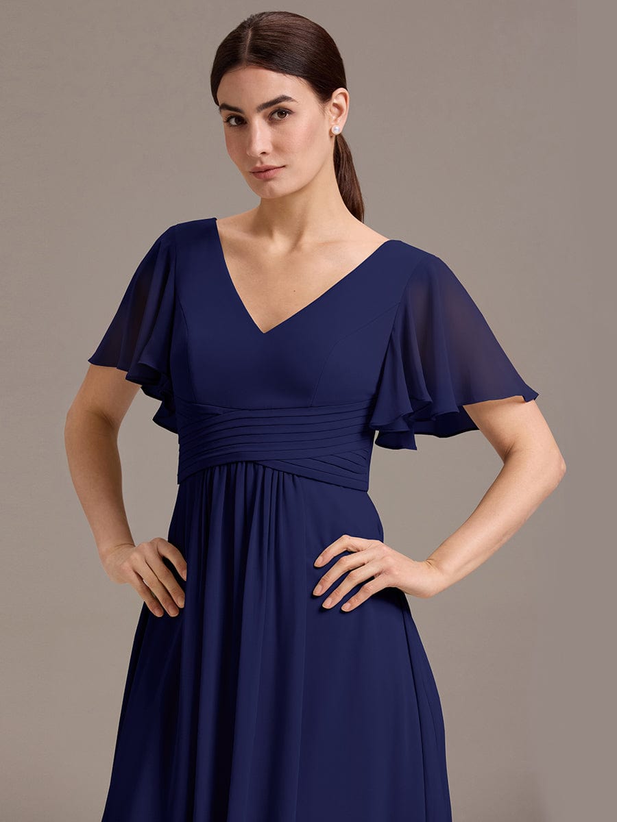 DAMIA|Chiffon Double V-Neck A-Line Ruffled Sleeves Bridesmaid Dress with Asymmetrical Hem