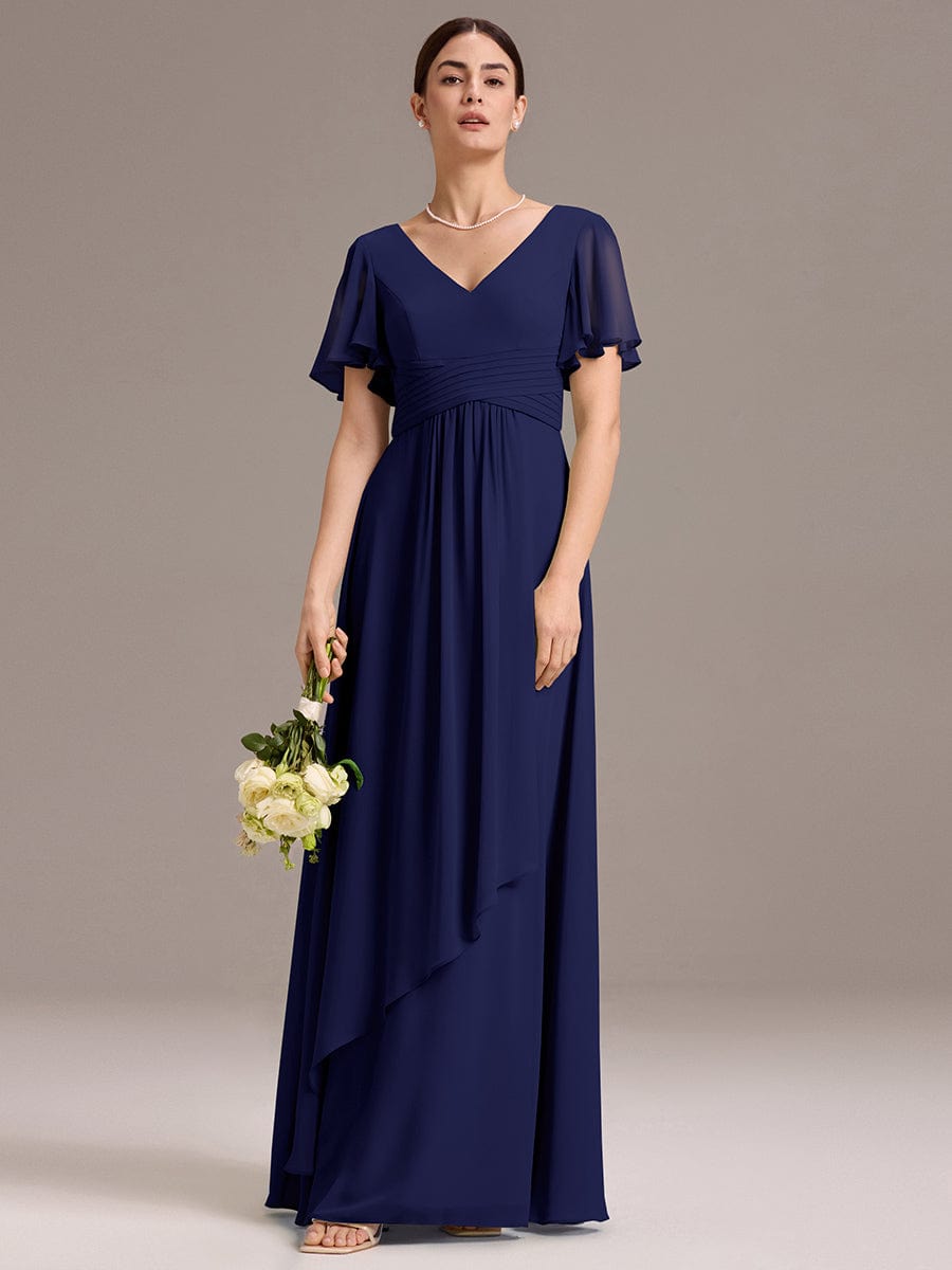 DAMIA|Chiffon Double V-Neck A-Line Ruffled Sleeves Bridesmaid Dress with Asymmetrical Hem