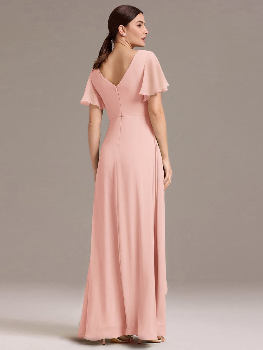 DAMIA|Chiffon Double V-Neck A-Line Ruffled Sleeves Bridesmaid Dress with Asymmetrical Hem