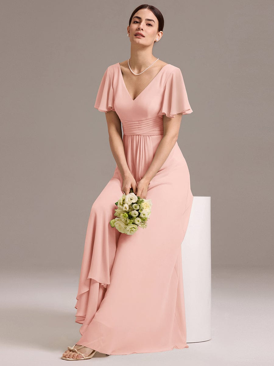 DAMIA|Chiffon Double V-Neck A-Line Ruffled Sleeves Bridesmaid Dress with Asymmetrical Hem