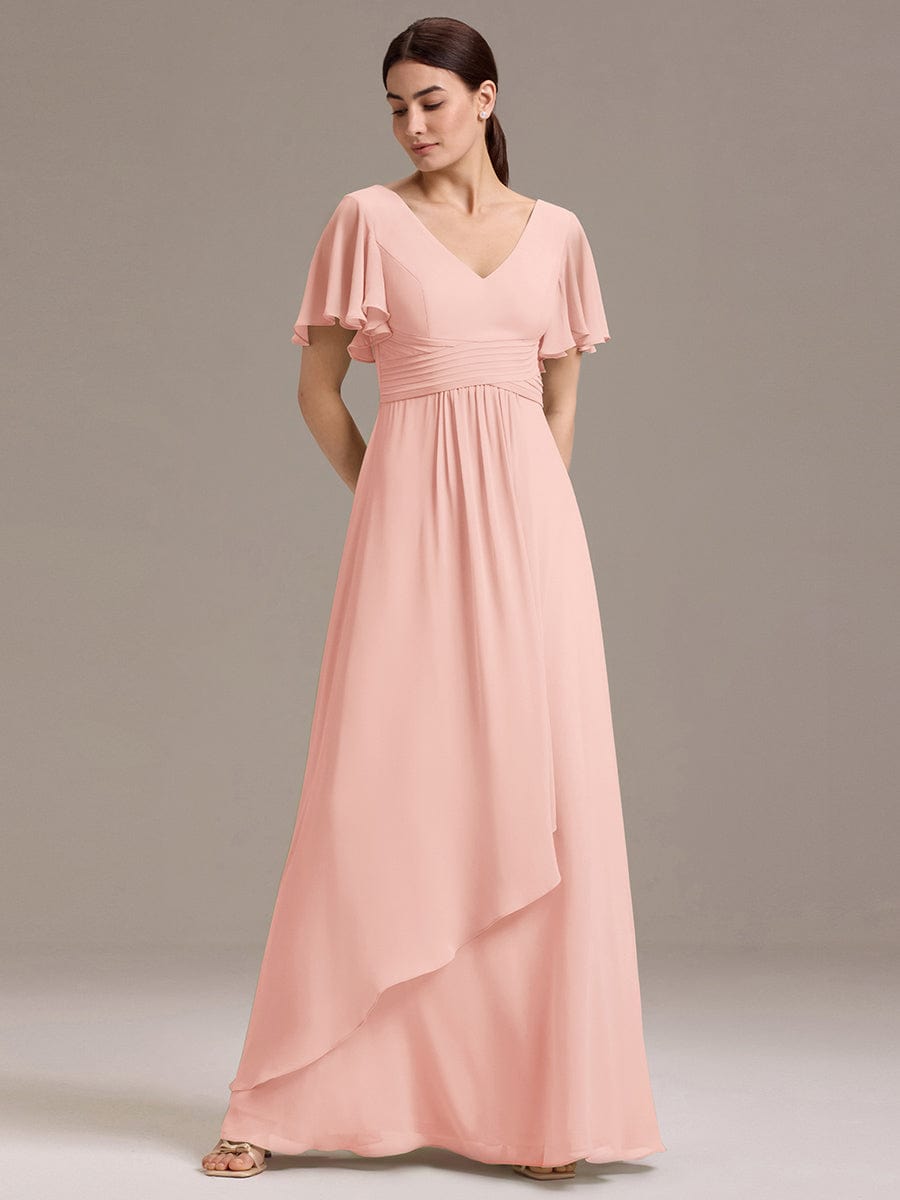 DAMIA|Chiffon Double V-Neck A-Line Ruffled Sleeves Bridesmaid Dress with Asymmetrical Hem