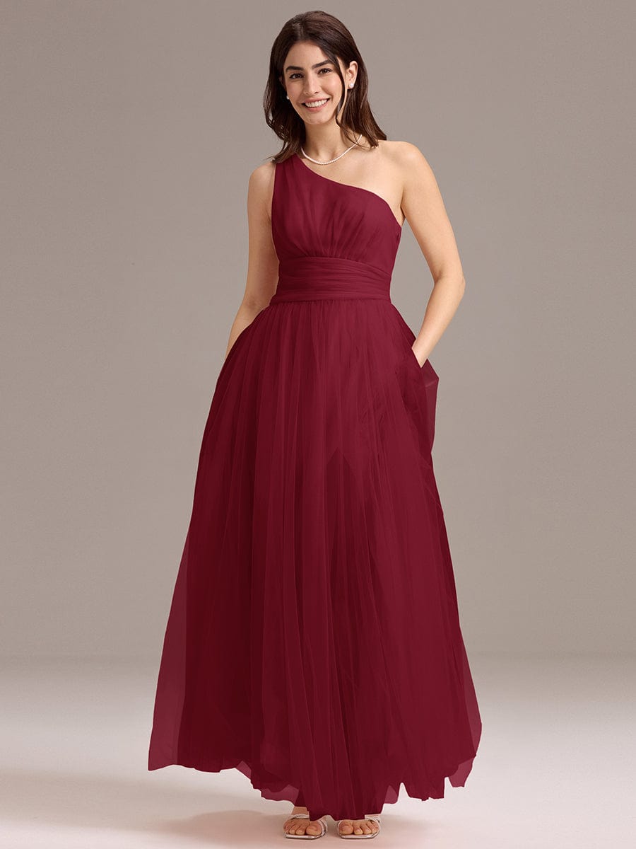 ARCADIA|Chic A-Line One-Shoulder Tulle Maxi Bridesmaid Dress