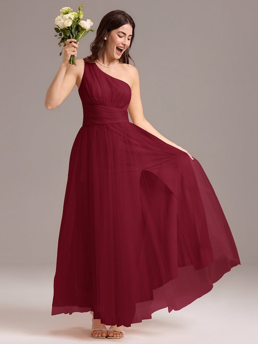 ARCADIA|Chic A-Line One-Shoulder Tulle Maxi Bridesmaid Dress