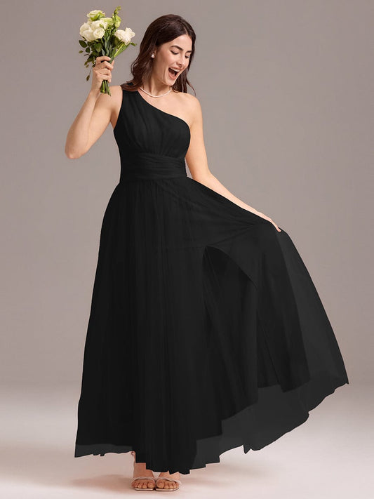 ARCADIA|Chic A-Line One-Shoulder Tulle Maxi Bridesmaid Dress