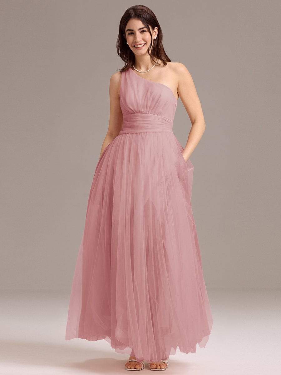 ARCADIA|Chic A-Line One-Shoulder Tulle Maxi Bridesmaid Dress