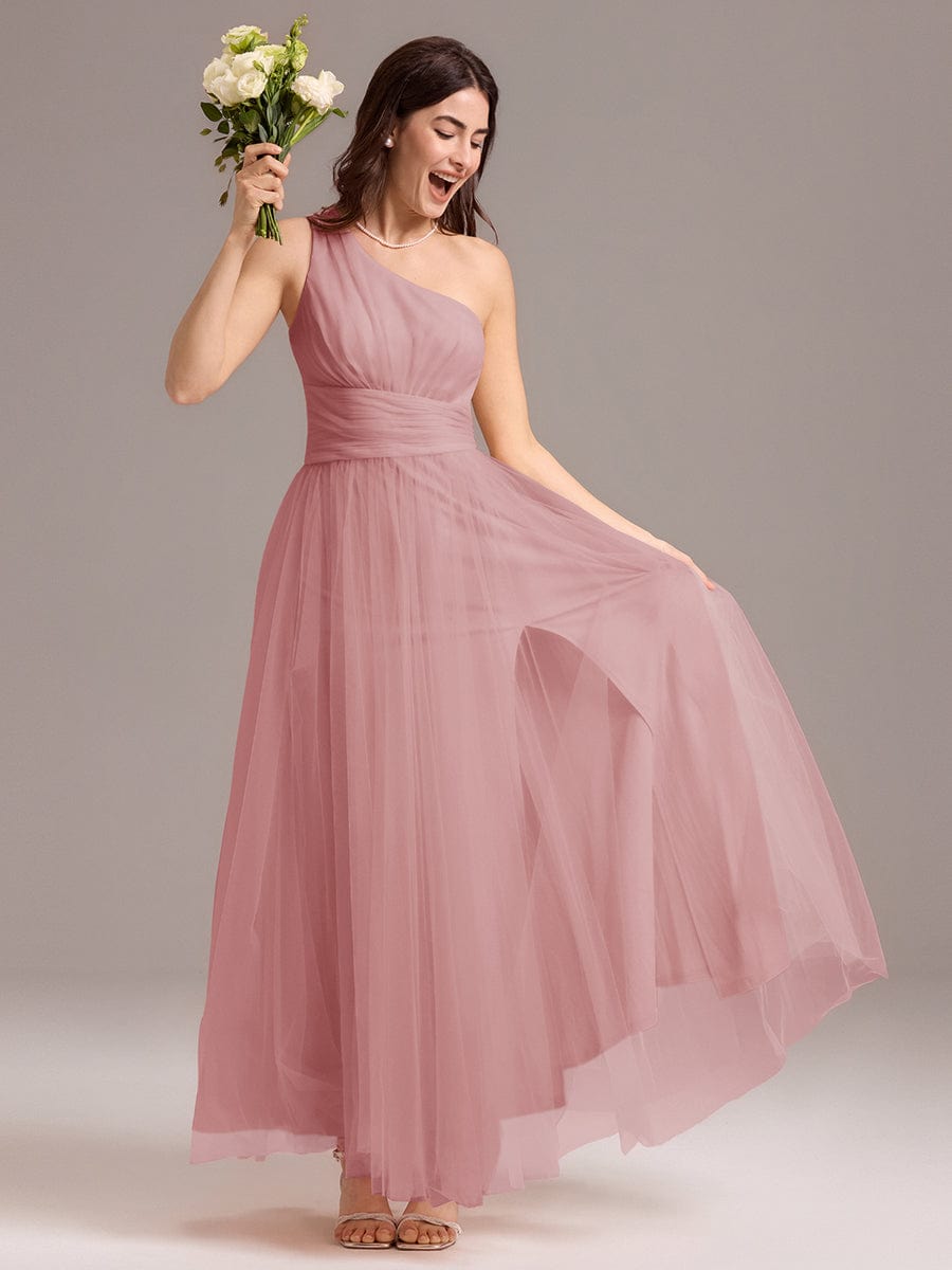 ARCADIA|Chic A-Line One-Shoulder Tulle Maxi Bridesmaid Dress