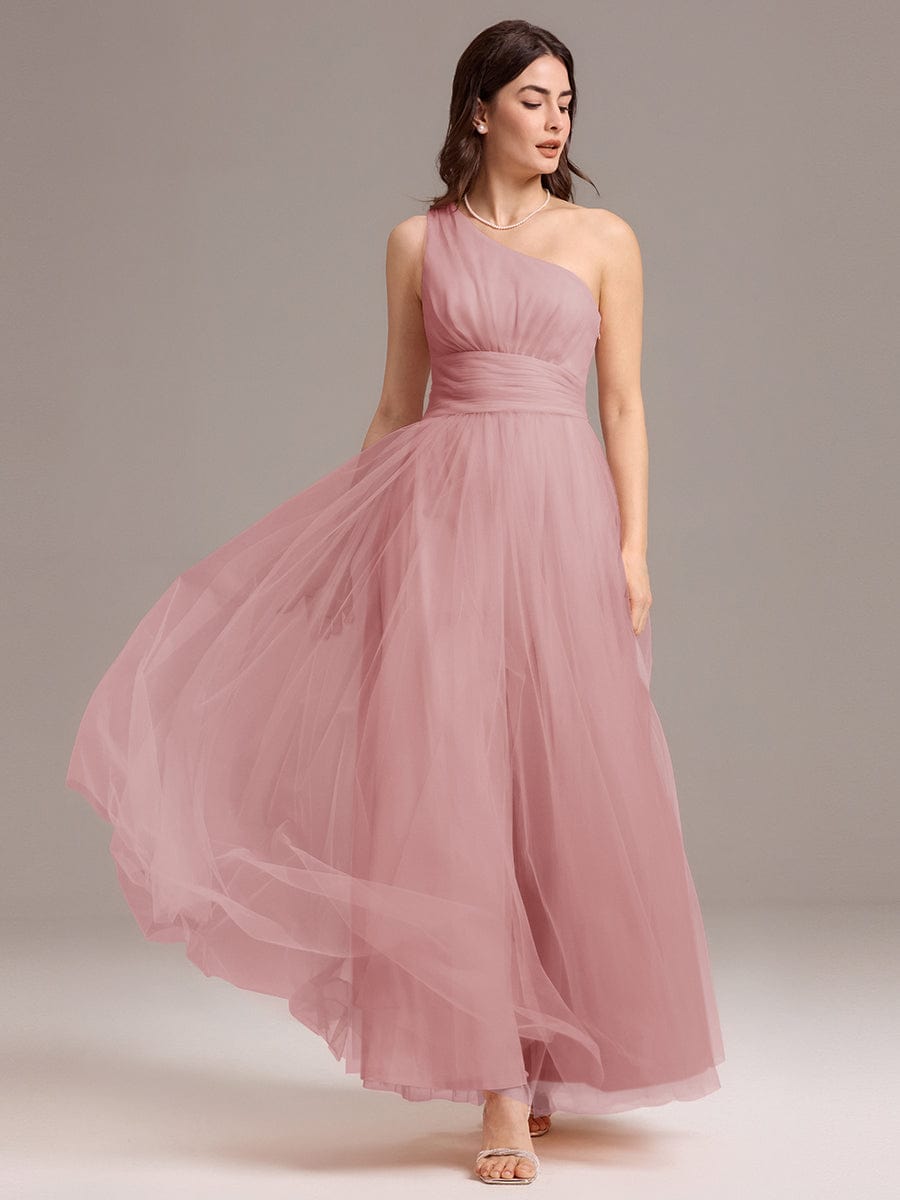 ARCADIA|Chic A-Line One-Shoulder Tulle Maxi Bridesmaid Dress