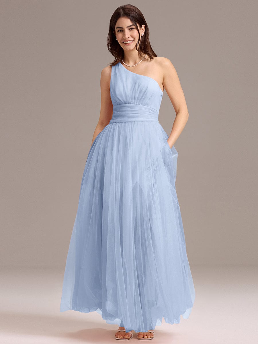 ARCADIA|Chic A-Line One-Shoulder Tulle Maxi Bridesmaid Dress