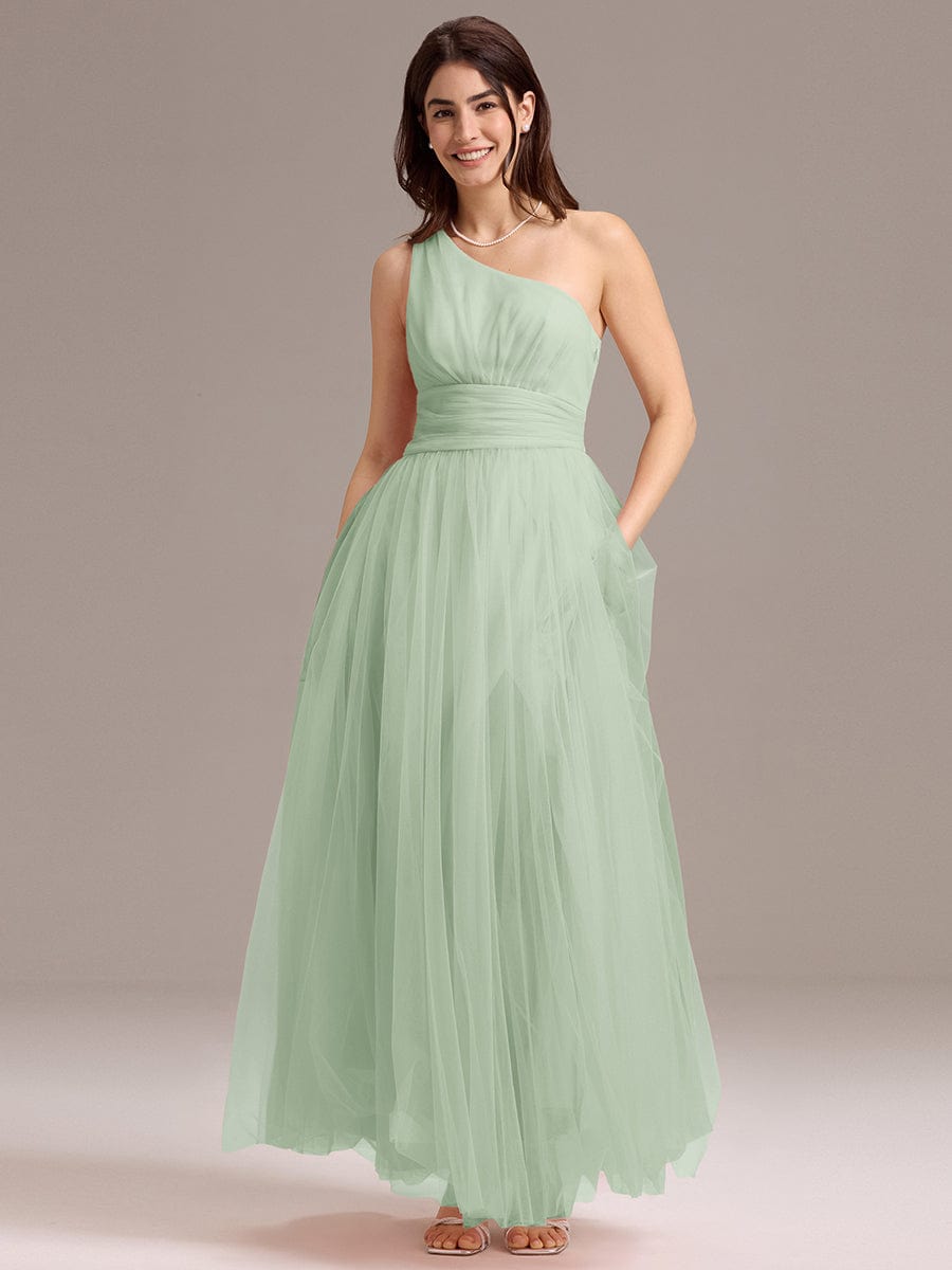 ARCADIA|Chic A-Line One-Shoulder Tulle Maxi Bridesmaid Dress
