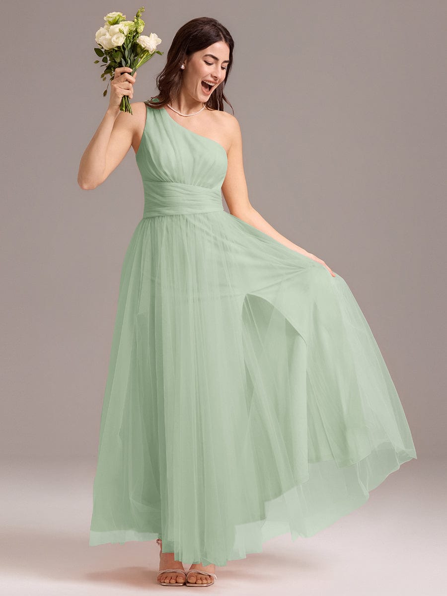 ARCADIA|Chic A-Line One-Shoulder Tulle Maxi Bridesmaid Dress