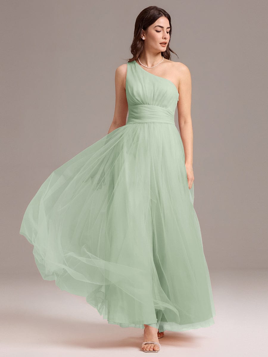 ARCADIA|Chic A-Line One-Shoulder Tulle Maxi Bridesmaid Dress