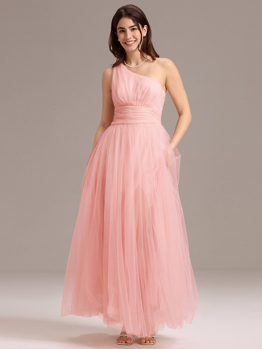 ARCADIA|Chic A-Line One-Shoulder Tulle Maxi Bridesmaid Dress