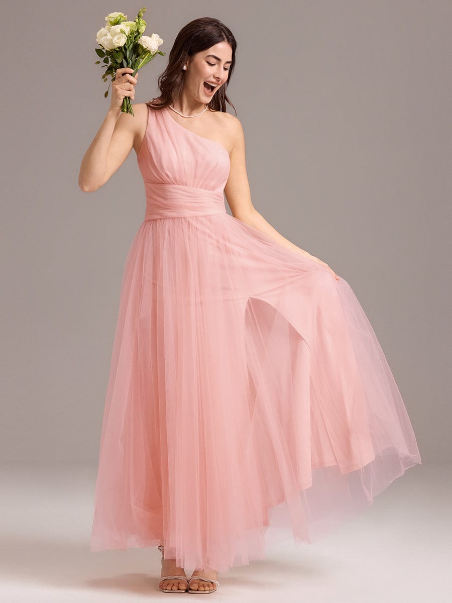 ARCADIA|Chic A-Line One-Shoulder Tulle Maxi Bridesmaid Dress