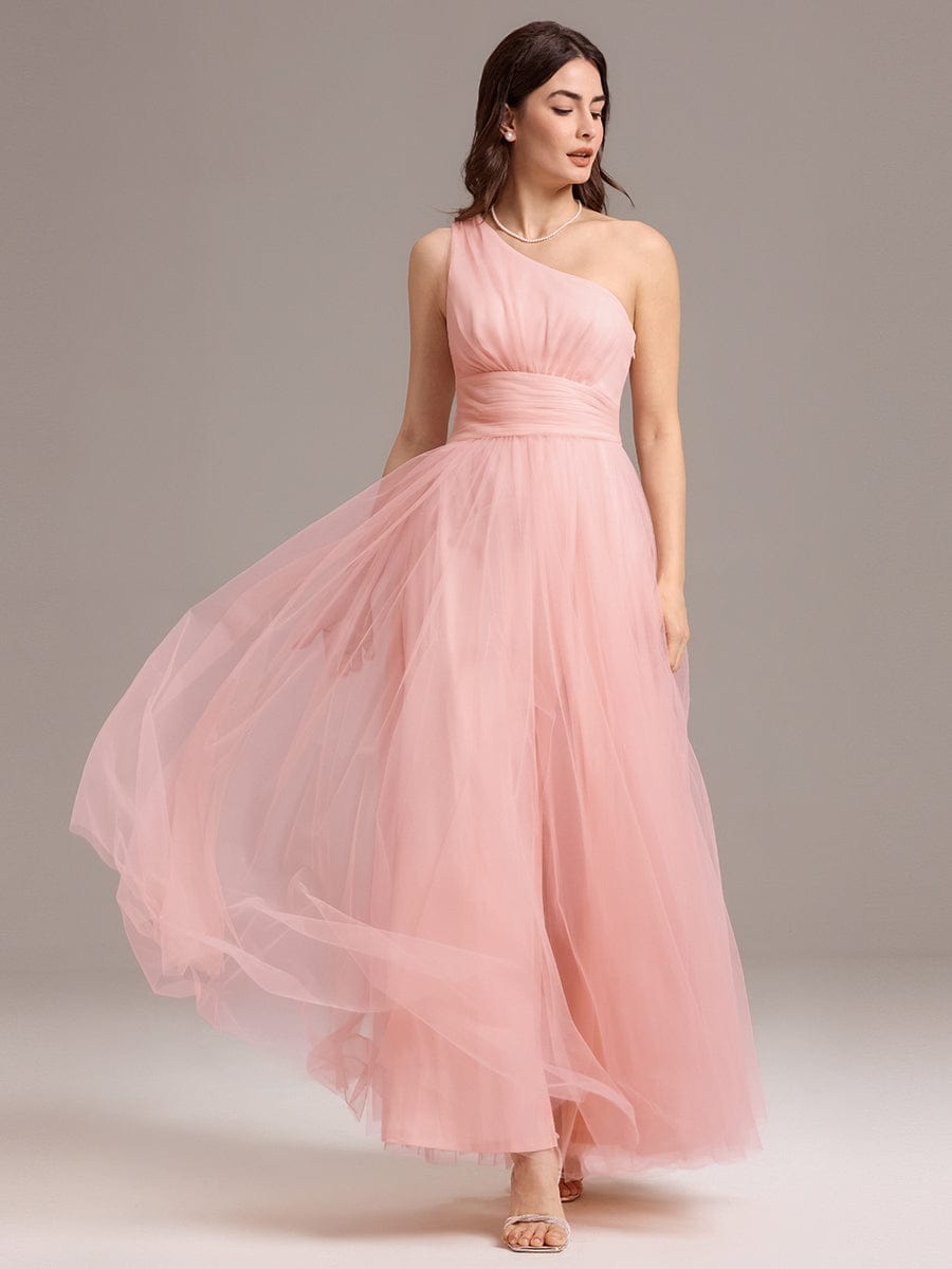 ARCADIA|Chic A-Line One-Shoulder Tulle Maxi Bridesmaid Dress