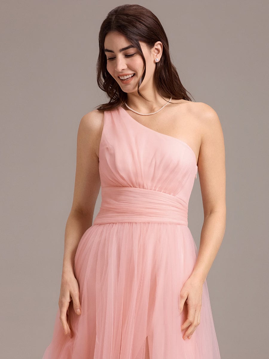 ARCADIA|Chic A-Line One-Shoulder Tulle Maxi Bridesmaid Dress