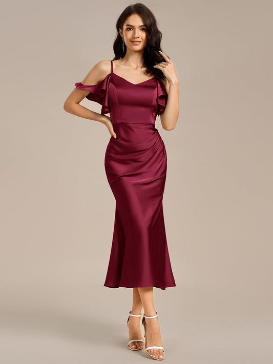 CALYNNE|Ruffled Off Shoulder Satin Midi Mermaid Bridesmaid Dress