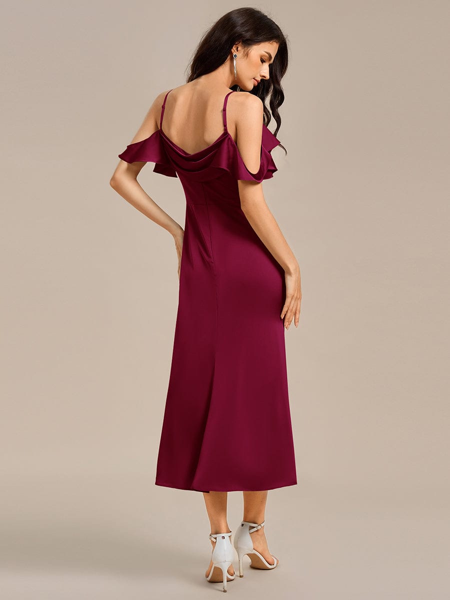 CALYNNE|Ruffled Off Shoulder Satin Midi Mermaid Bridesmaid Dress