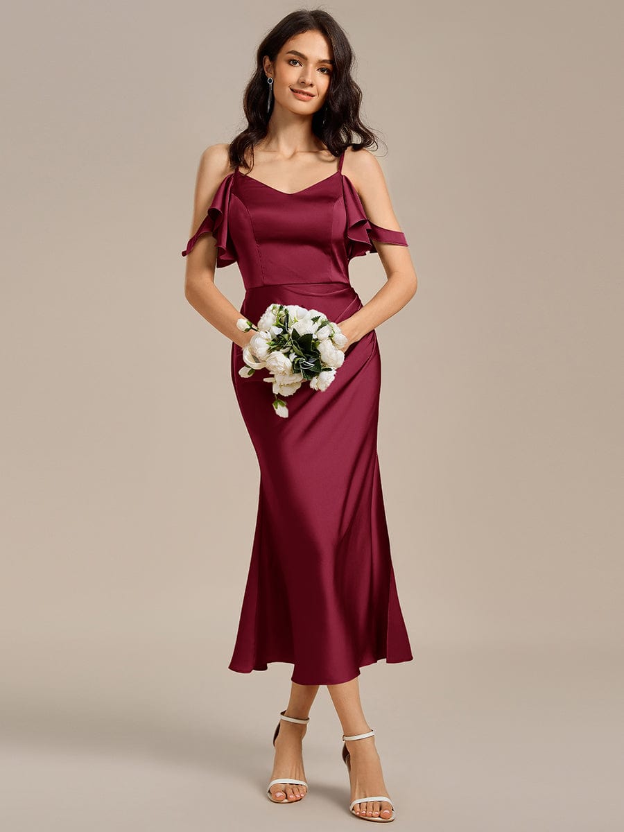 CALYNNE|Ruffled Off Shoulder Satin Midi Mermaid Bridesmaid Dress