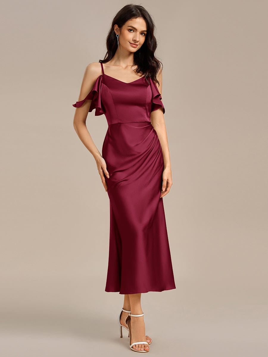 CALYNNE|Ruffled Off Shoulder Satin Midi Mermaid Bridesmaid Dress