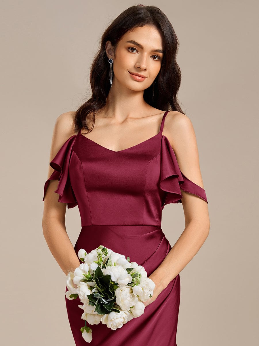 CALYNNE|Ruffled Off Shoulder Satin Midi Mermaid Bridesmaid Dress