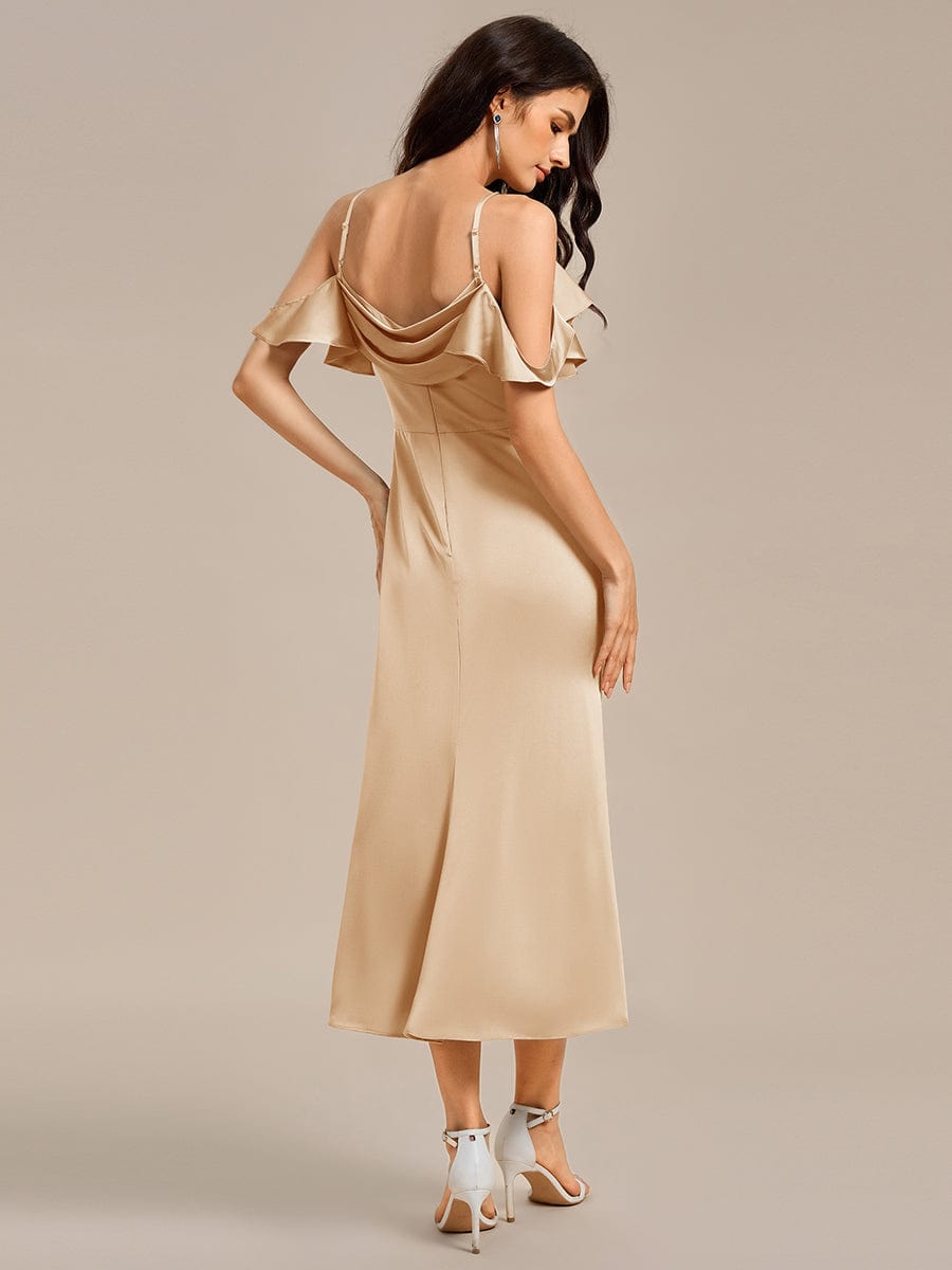 CALYNNE|Ruffled Off Shoulder Satin Midi Mermaid Bridesmaid Dress