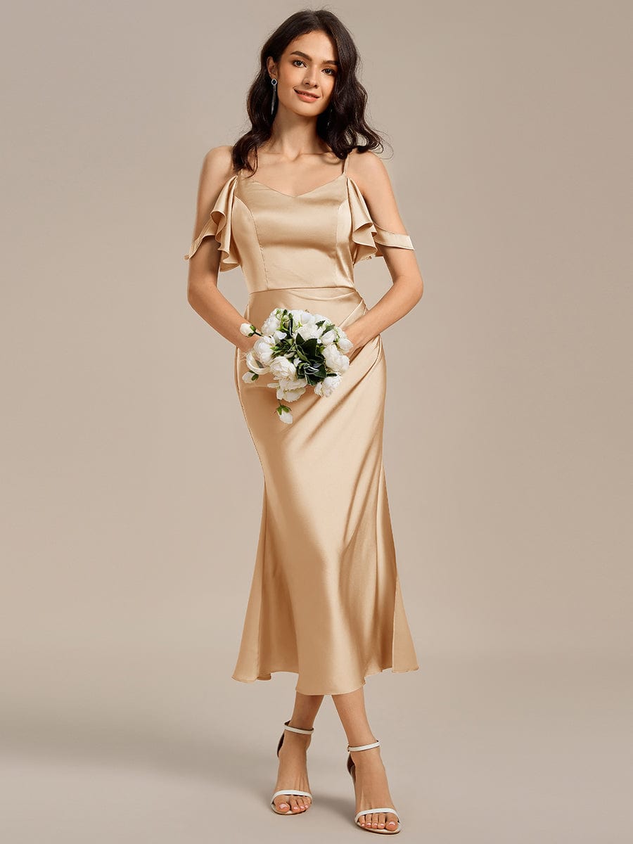 CALYNNE|Ruffled Off Shoulder Satin Midi Mermaid Bridesmaid Dress