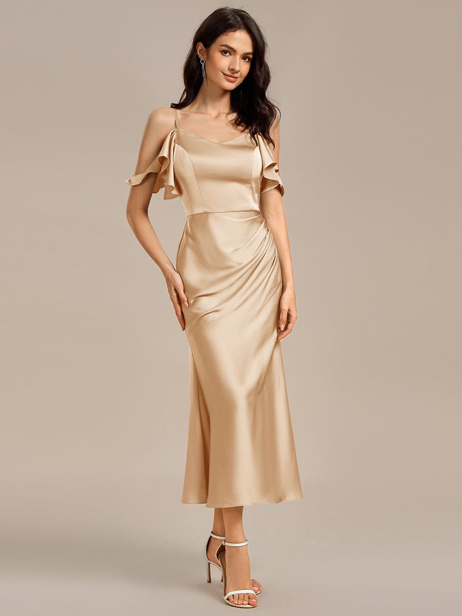 CALYNNE|Ruffled Off Shoulder Satin Midi Mermaid Bridesmaid Dress