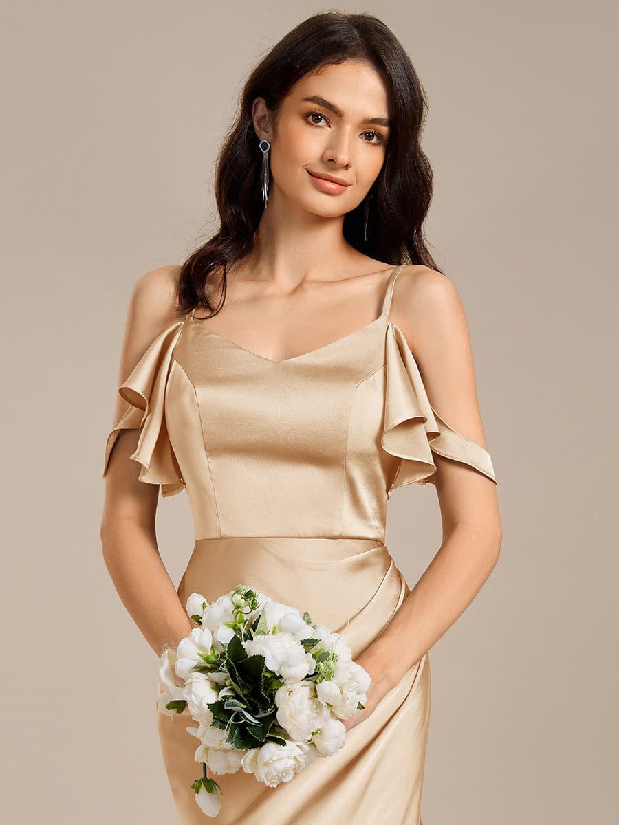 CALYNNE|Ruffled Off Shoulder Satin Midi Mermaid Bridesmaid Dress