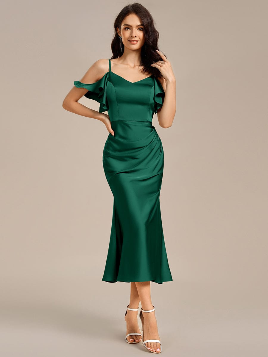 CALYNNE|Ruffled Off Shoulder Satin Midi Mermaid Bridesmaid Dress