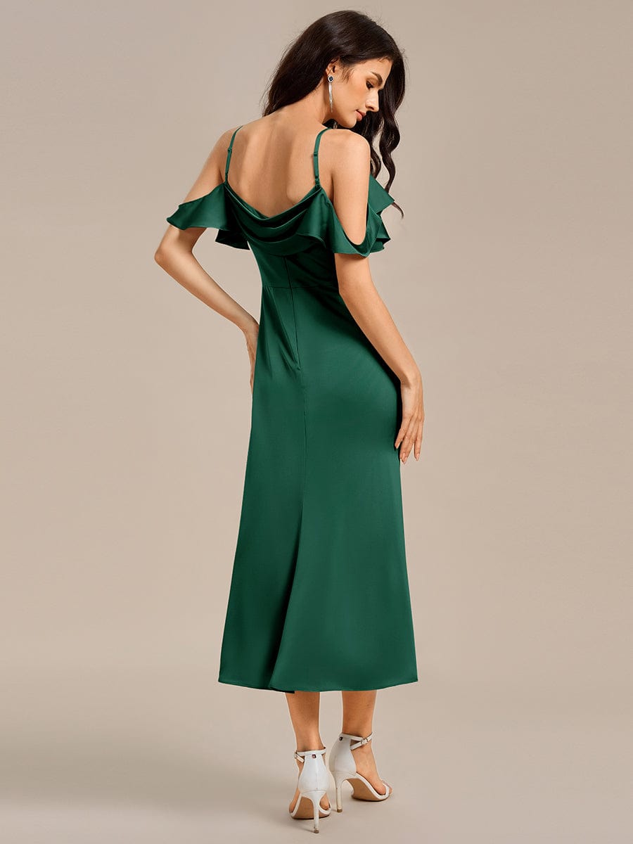 CALYNNE|Ruffled Off Shoulder Satin Midi Mermaid Bridesmaid Dress