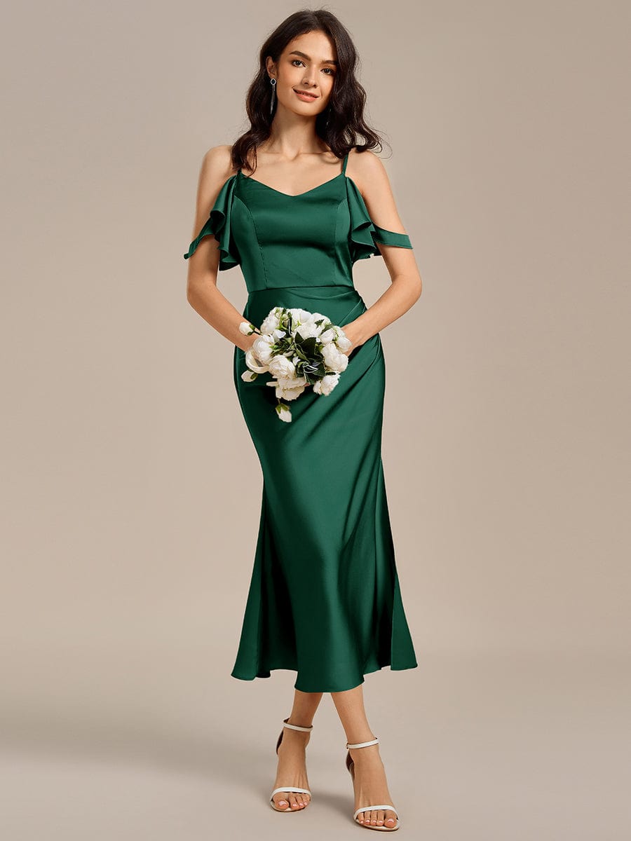 CALYNNE|Ruffled Off Shoulder Satin Midi Mermaid Bridesmaid Dress