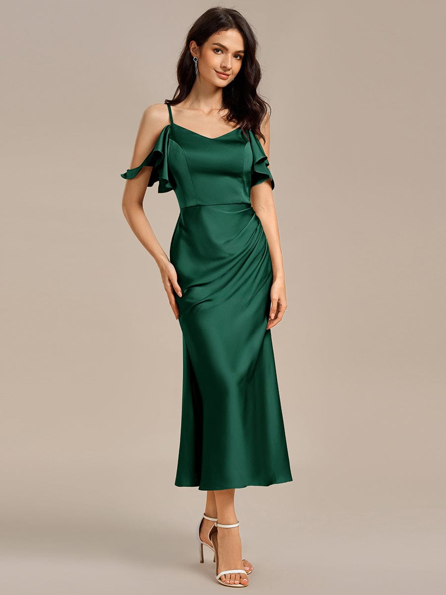 CALYNNE|Ruffled Off Shoulder Satin Midi Mermaid Bridesmaid Dress