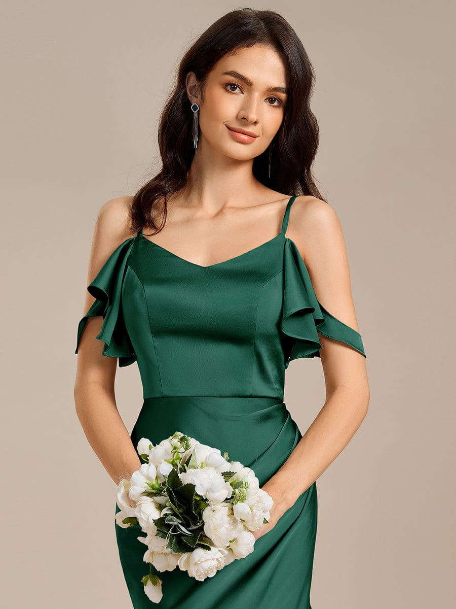 CALYNNE|Ruffled Off Shoulder Satin Midi Mermaid Bridesmaid Dress