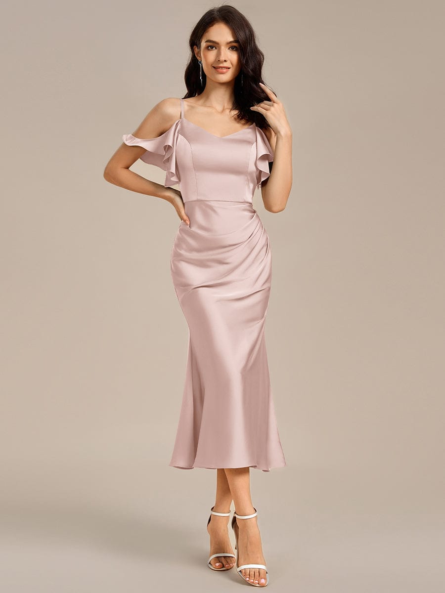CALYNNE|Ruffled Off Shoulder Satin Midi Mermaid Bridesmaid Dress